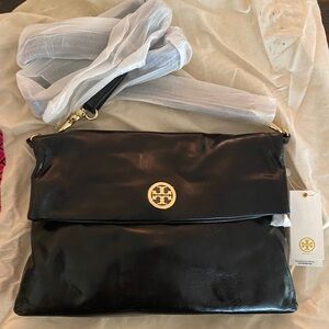 Tory Burch Black Leather Clutch with Gold Logo